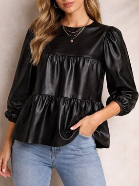 THML Black Faux Leather Babydoll Top XS Puff Sleeve Chic